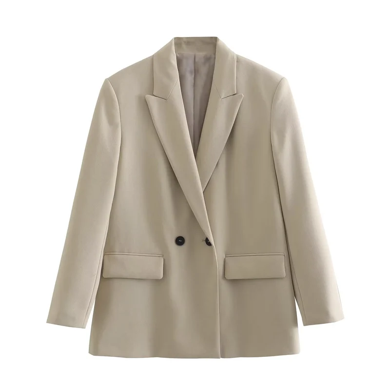 Damen Doppelreihiger Longblazer mit weitem Schalkragen und Pattentaschen Nord Taschen