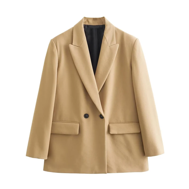Damen Doppelreihiger Longblazer mit weitem Schalkragen und Pattentaschen Nord Taschen