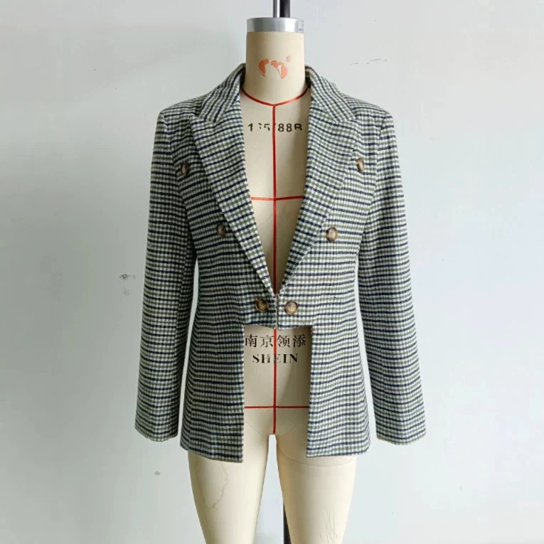 Damen Doppelreihiger Glencheck-Blazer mit taillierter Silhouette und kontrastiertem Innenfutter Nord Taschen
