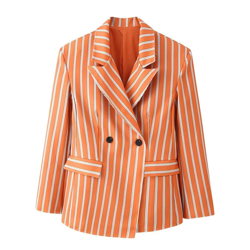 Damen doppelreihiger Blazer mit senkrechtem Streifenmuster und ausgefranstem Revers Nord Taschen