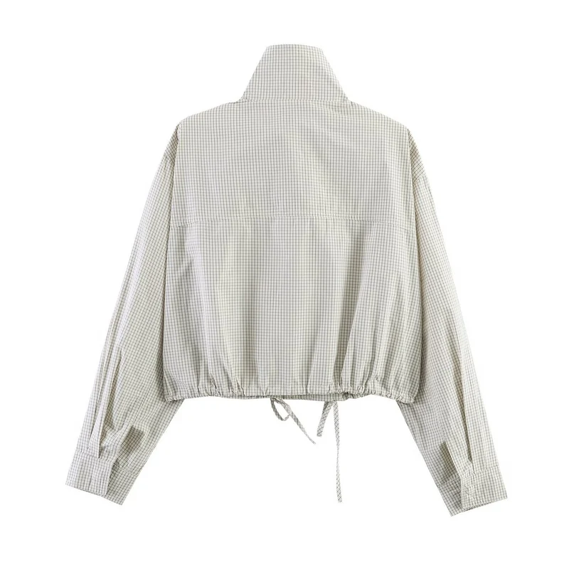 Damen Cropped Windjacke mit Stehkragen, Karo-Muster und Tunnelzug Nord Taschen