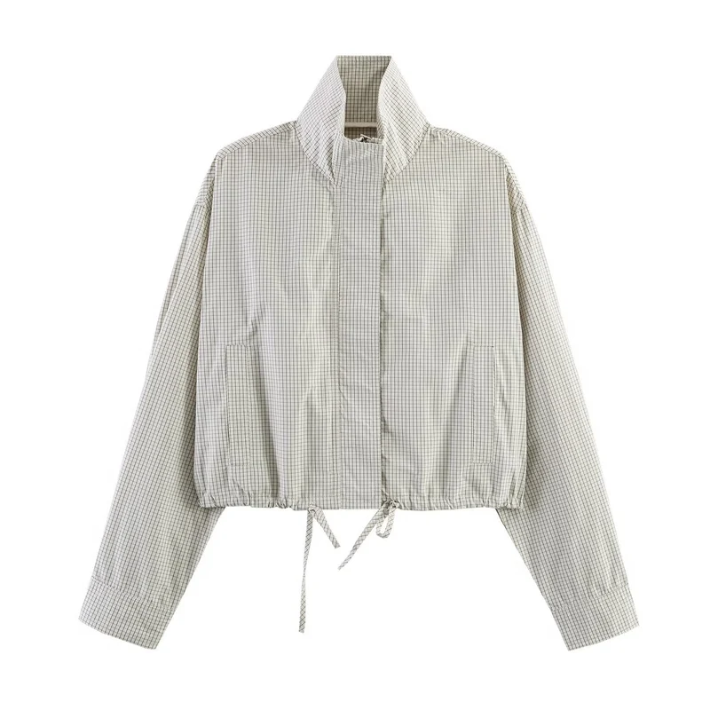 Damen Cropped Windjacke mit Stehkragen, Karo-Muster und Tunnelzug Nord Taschen