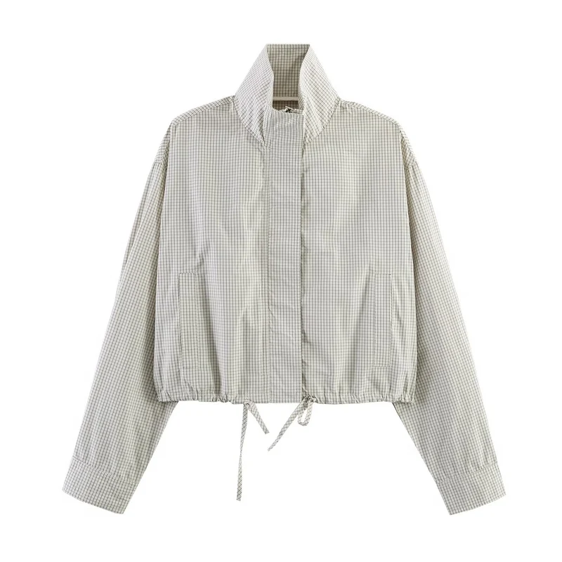 Damen Cropped Windjacke mit Stehkragen, Karo-Muster und Tunnelzug Nord Taschen