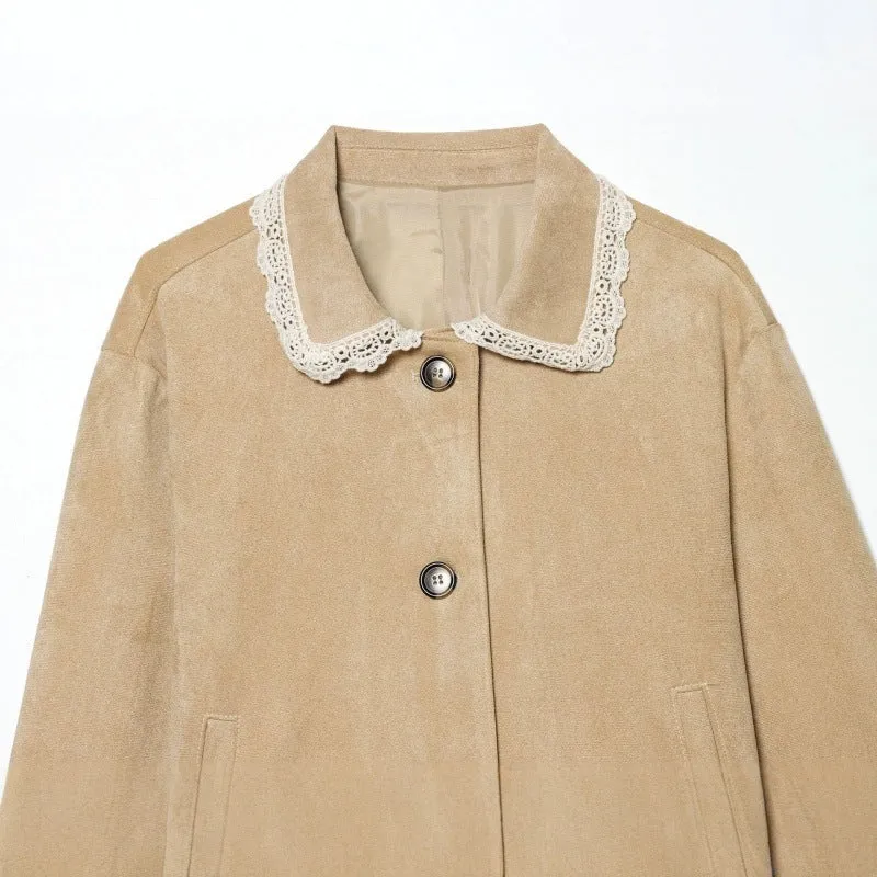 Damen Cropped-Veloursjacke mit Spitzkragen und Spitzenmanschetten Nord Taschen