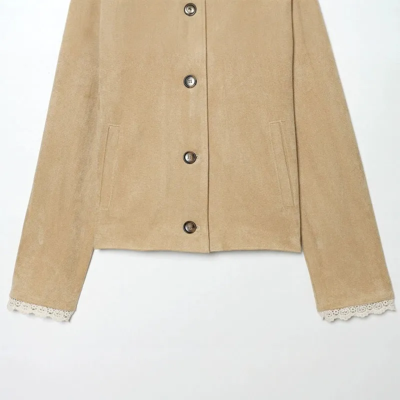 Damen Cropped-Veloursjacke mit Spitzkragen und Spitzenmanschetten Nord Taschen