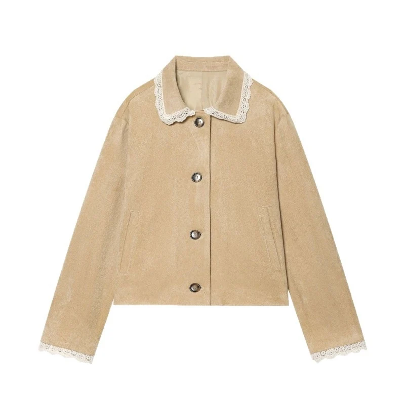 Damen Cropped-Veloursjacke mit Spitzkragen und Spitzenmanschetten Nord Taschen