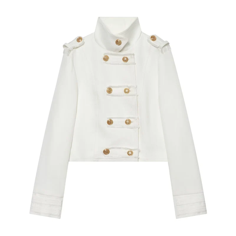 Damen Cropped Uniformjacke im Militärstil mit Stehkragen und Zierknopfleiste Nord Taschen