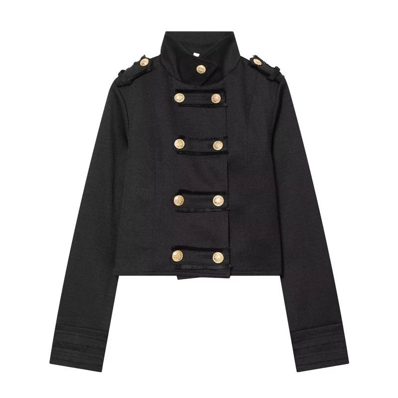 Damen Cropped Uniformjacke im Militärstil mit Stehkragen und Zierknopfleiste Nord Taschen