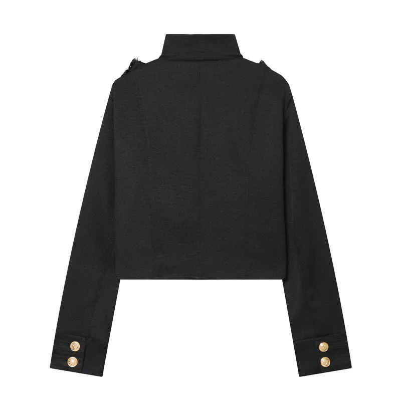 Damen Cropped Uniformjacke im Militärstil mit Stehkragen und Zierknopfleiste Nord Taschen