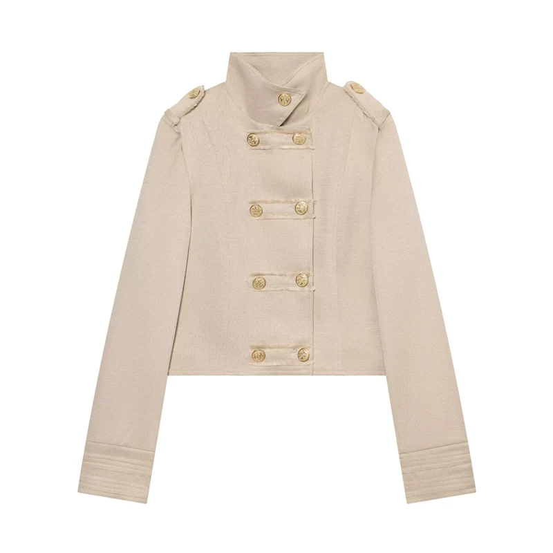 Damen Cropped Uniformjacke im Militärstil mit Stehkragen und Zierknopfleiste Nord Taschen