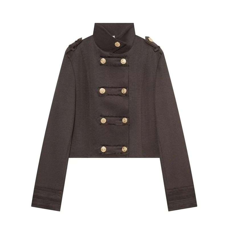 Damen Cropped Uniformjacke im Militärstil mit Stehkragen und Zierknopfleiste Nord Taschen