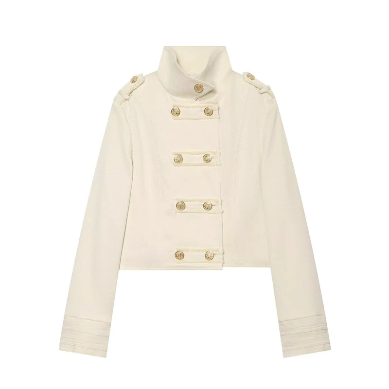 Damen Cropped Uniformjacke im Militärstil mit Stehkragen und Zierknopfleiste Nord Taschen