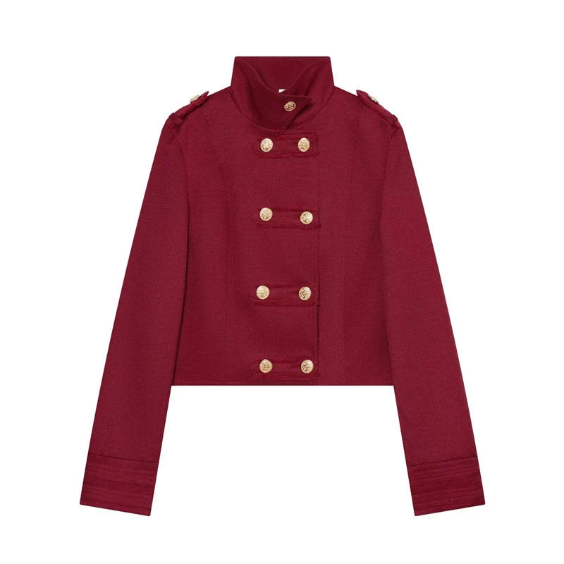 Damen Cropped Uniformjacke im Militärstil mit Stehkragen und Zierknopfleiste Nord Taschen
