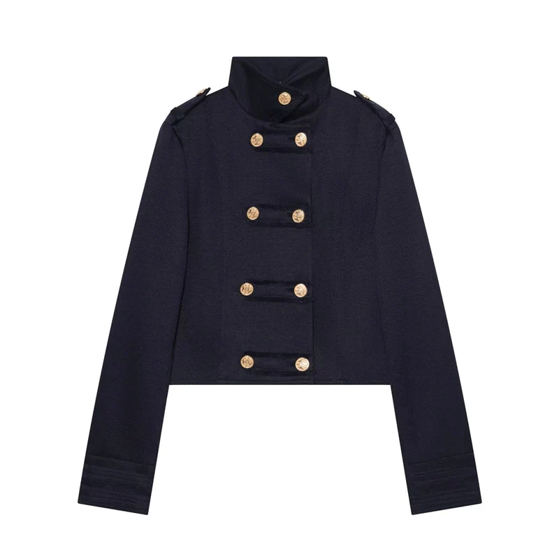 Damen Cropped Uniformjacke im Militärstil mit Stehkragen und Zierknopfleiste Nord Taschen