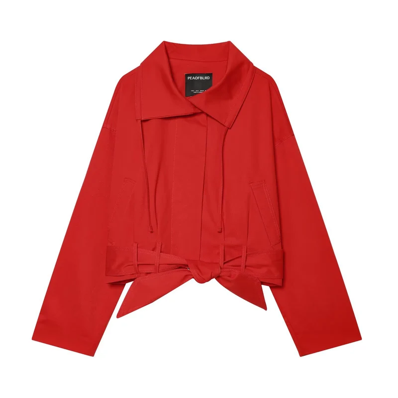 Damen Cropped‑Trenchjacke mit Tunnelzug, Knotenbindegürtel und markantem Stehkragen Nord Taschen