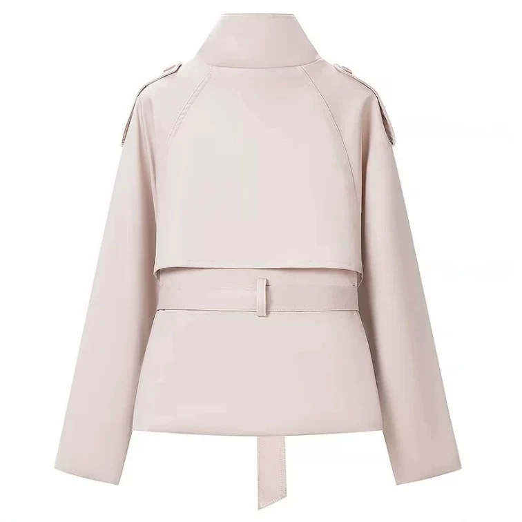 Damen Cropped Trenchjacke im Boxy-Cut mit Stehkragen, Schulterklappen und Taillengürtel Nord Taschen