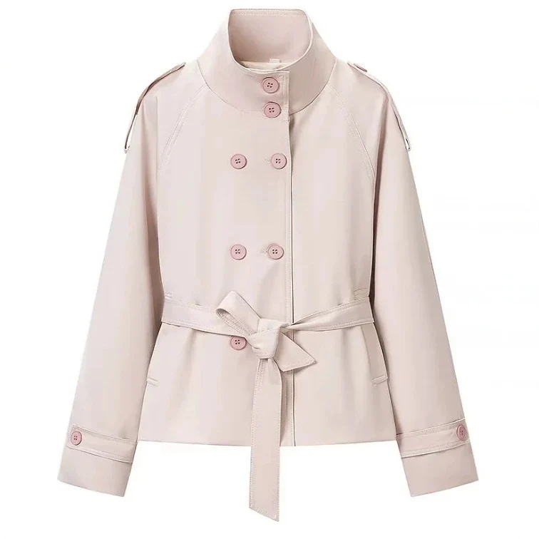 Damen Cropped Trenchjacke im Boxy-Cut mit Stehkragen, Schulterklappen und Taillengürtel Nord Taschen
