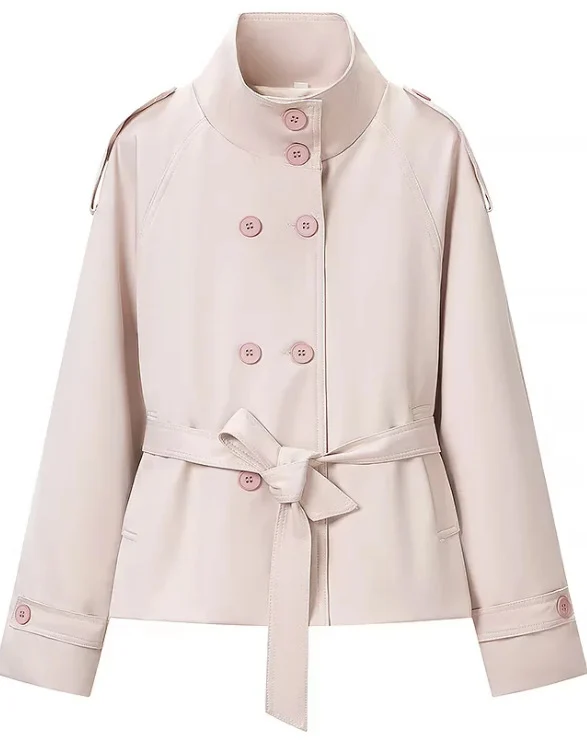 Damen Cropped Trenchjacke im Boxy-Cut mit Stehkragen, Schulterklappen und Taillengürtel Nord Taschen