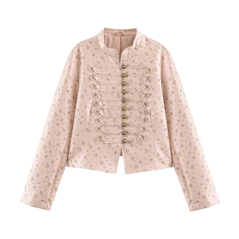 Damen Cropped Satin-Jacke im Militärstil mit dekorativem Froschbesatz Nord Taschen