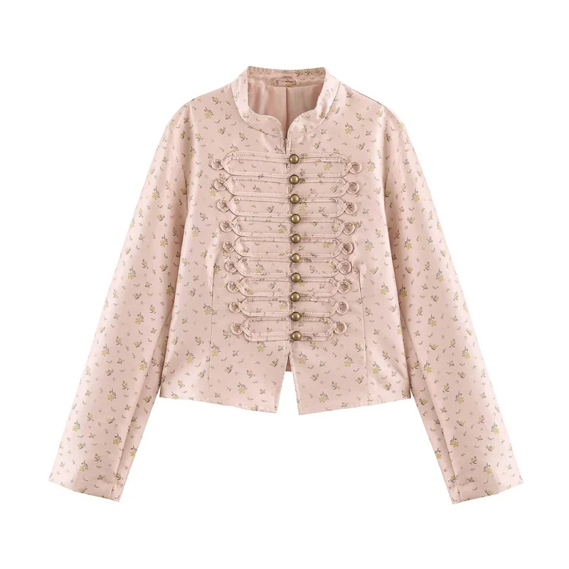 Damen Cropped Satin-Jacke im Militärstil mit dekorativem Froschbesatz Nord Taschen