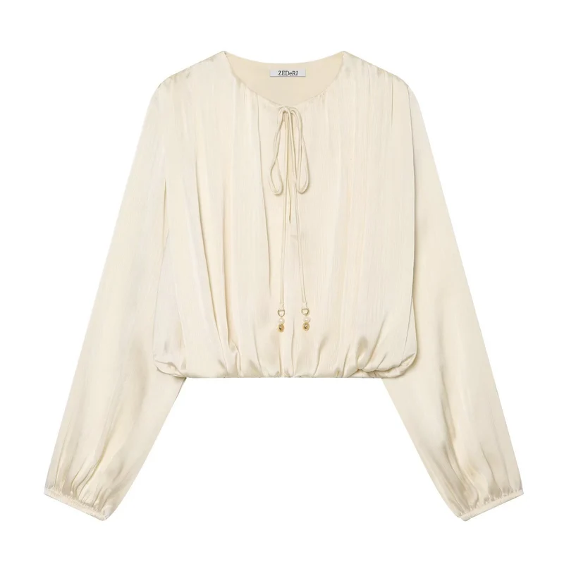 Damen Cropped Plissee-Bluse mit Kordelverschluss und Ballonärmeln Nord Taschen
