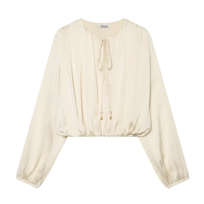 Damen Cropped Plissee-Bluse mit Kordelverschluss und Ballonärmeln Nord Taschen