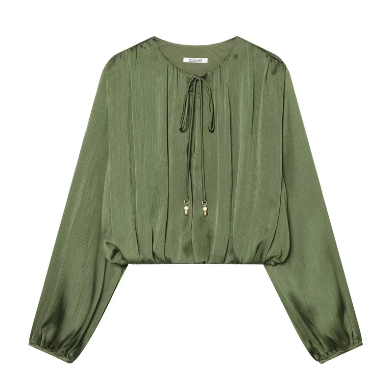 Damen Cropped Plissee-Bluse mit Kordelverschluss und Ballonärmeln Nord Taschen
