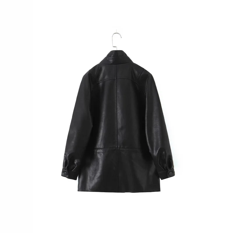 Damen Oversized Kunstlederjacke mit hohem Stehkragen und doppelreihiger Knopfleiste Nord Taschen