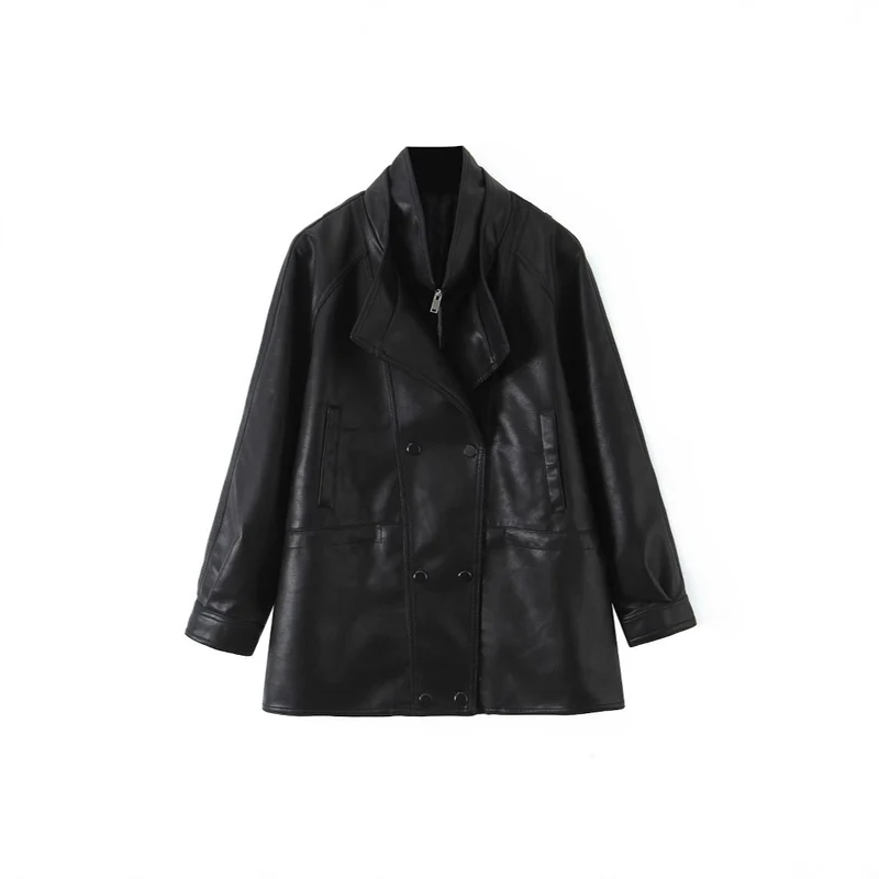 Damen Oversized Kunstlederjacke mit hohem Stehkragen und doppelreihiger Knopfleiste Nord Taschen