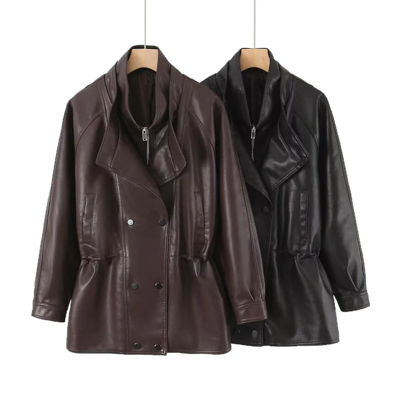 Damen Oversized Kunstlederjacke mit hohem Stehkragen und doppelreihiger Knopfleiste Nord Taschen