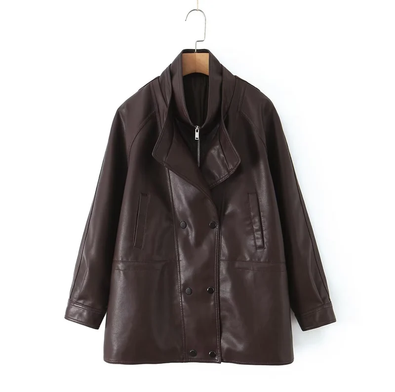 Damen Oversized Kunstlederjacke mit hohem Stehkragen und doppelreihiger Knopfleiste Nord Taschen