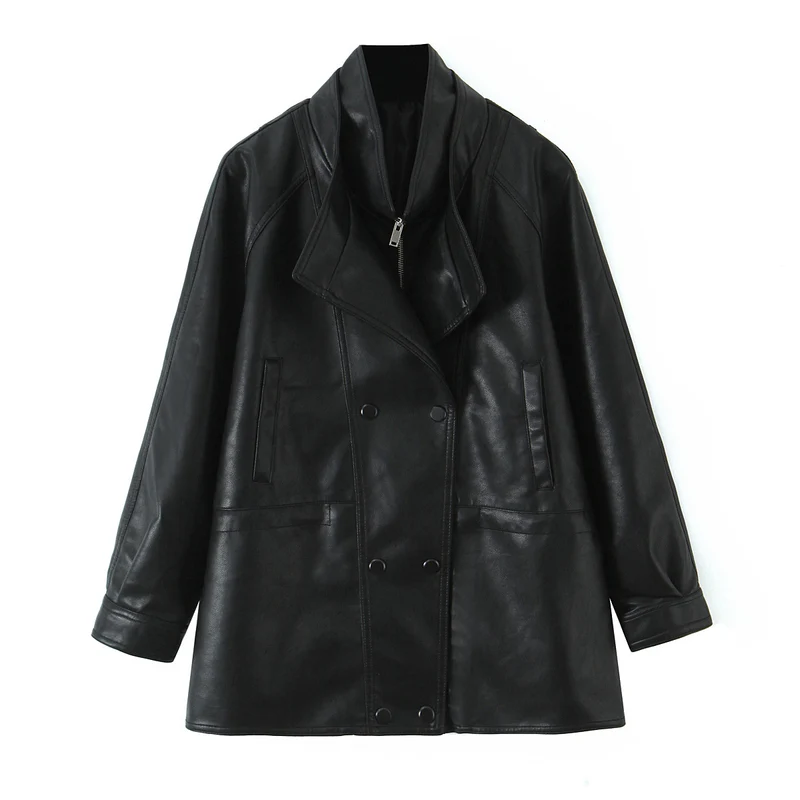 Damen Oversized Kunstlederjacke mit hohem Stehkragen und doppelreihiger Knopfleiste Nord Taschen