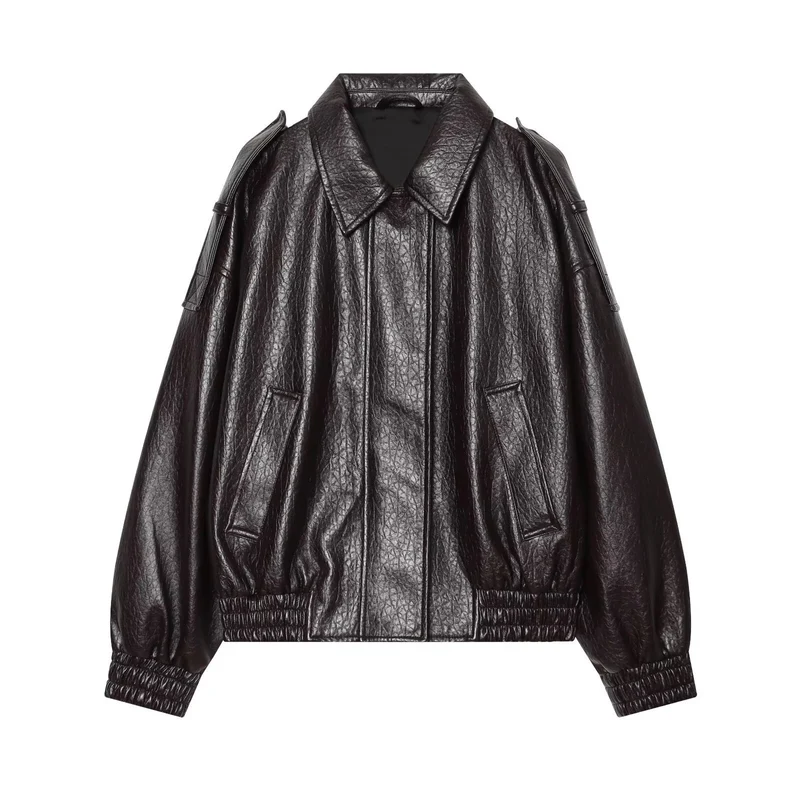 Damen Oversized Kunstleder-Bomberjacke mit Schulterklappen und gerafftem Saum Nord Taschen
