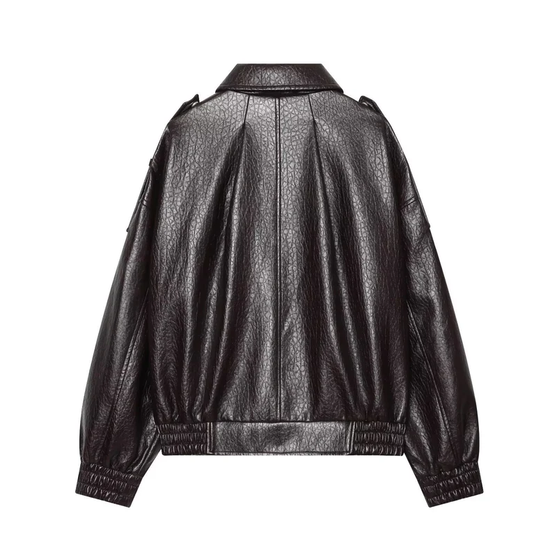 Damen Oversized Kunstleder-Bomberjacke mit Schulterklappen und gerafftem Saum Nord Taschen