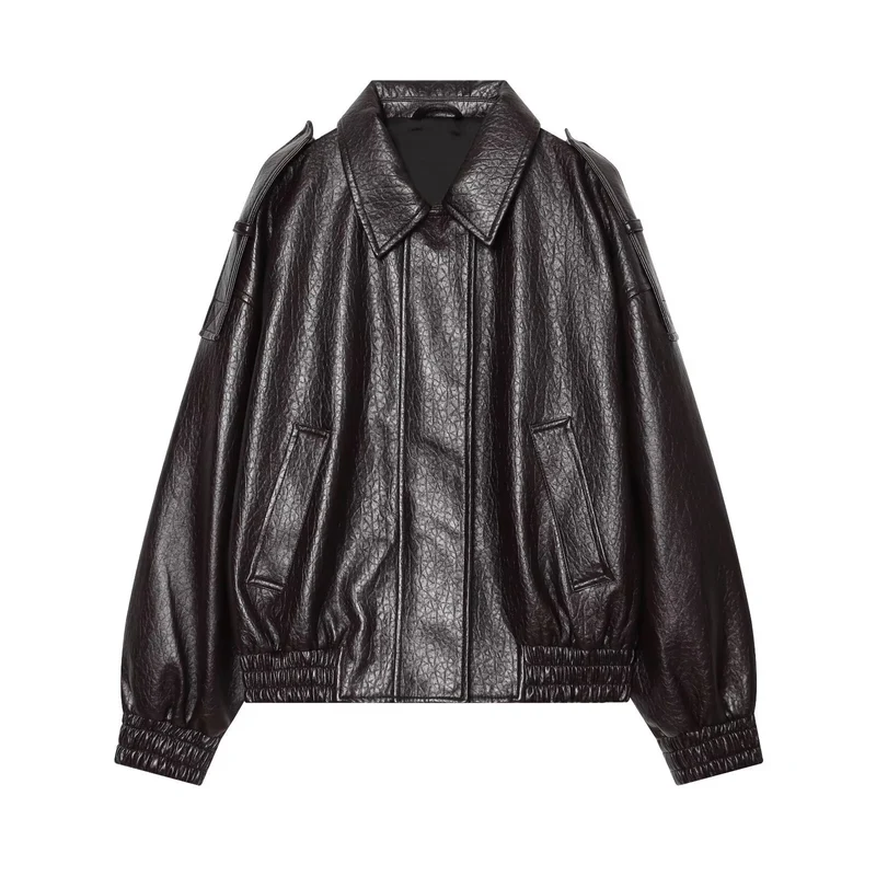 Damen Oversized Kunstleder-Bomberjacke mit Schulterklappen und gerafftem Saum Nord Taschen