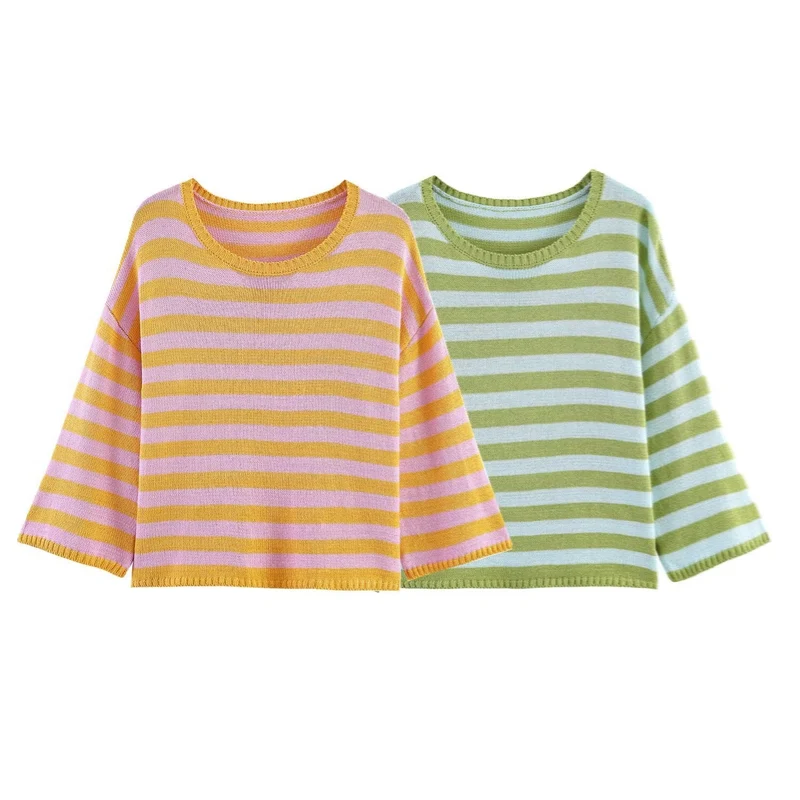 Damen Oversized Gestreifter Feinstrickpullover mit Rundhals und halblangen Ärmeln Nord Taschen