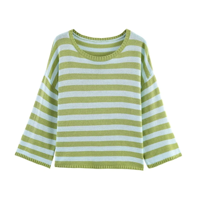 Damen Oversized Gestreifter Feinstrickpullover mit Rundhals und halblangen Ärmeln Nord Taschen