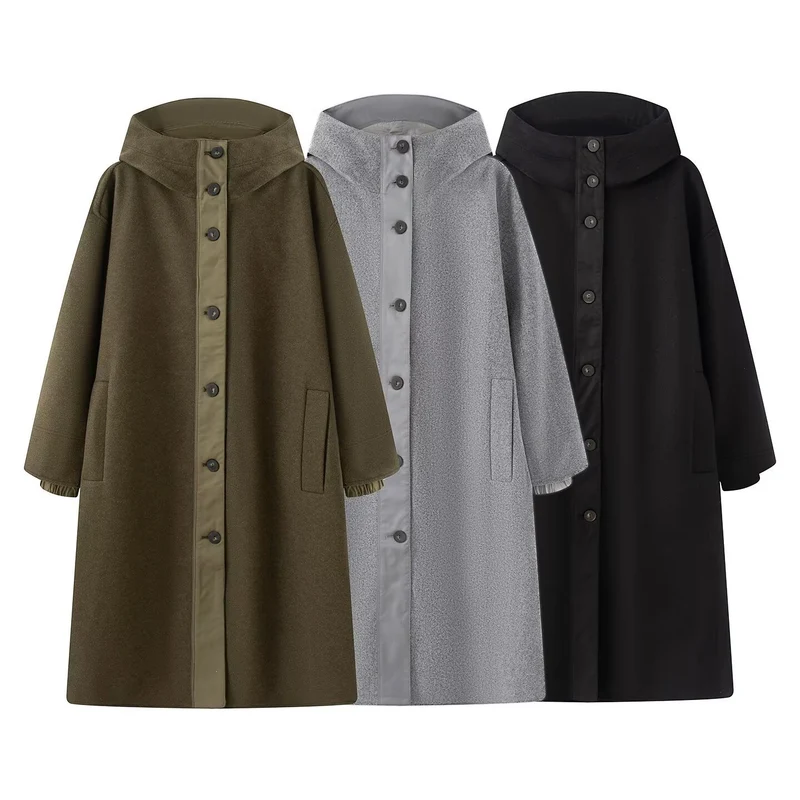 Damen Oversize Wollähnlicher Mantel mit Kapuze und Knopfleiste Nord Taschen