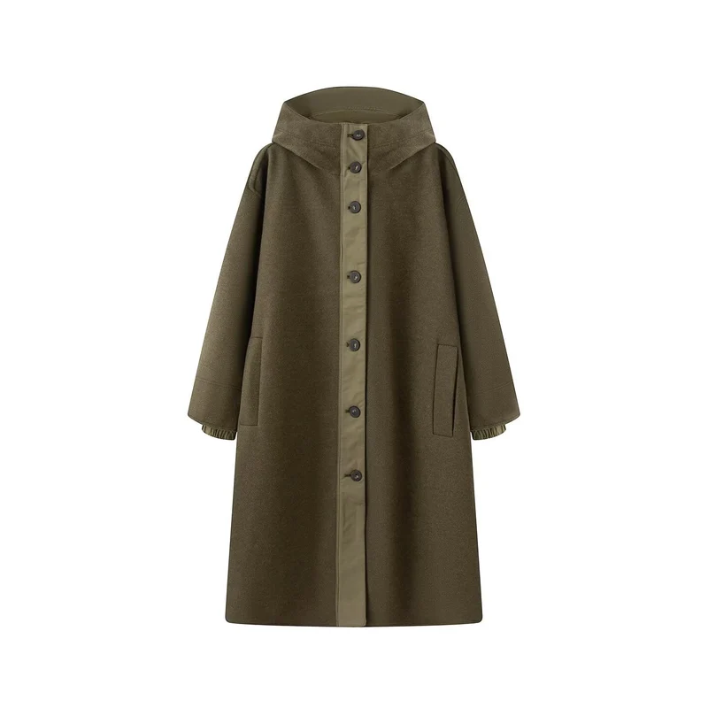 Damen Oversize Wollähnlicher Mantel mit Kapuze und Knopfleiste Nord Taschen