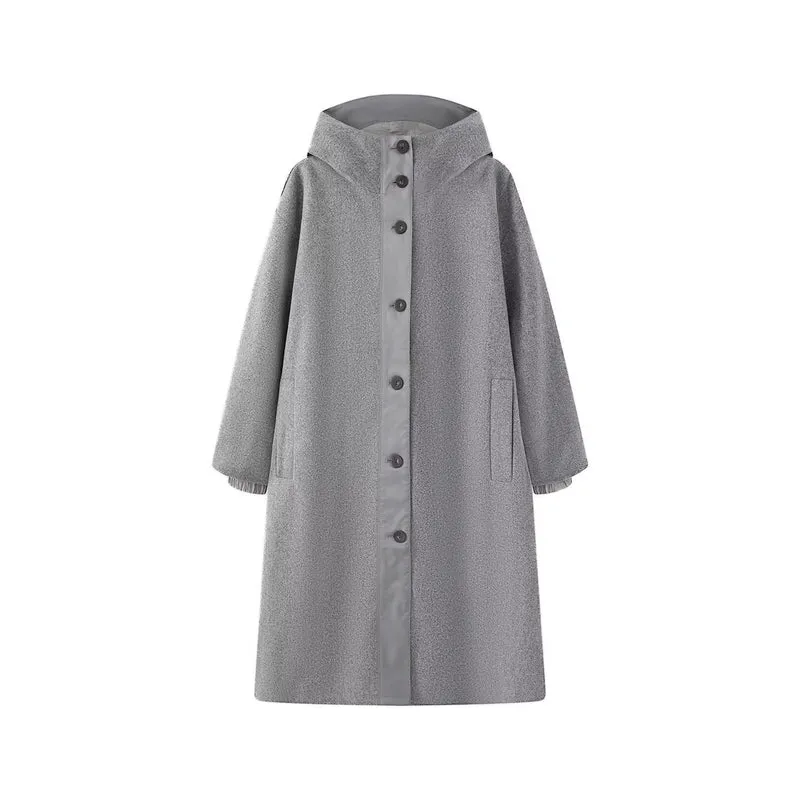 Damen Oversize Wollähnlicher Mantel mit Kapuze und Knopfleiste Nord Taschen