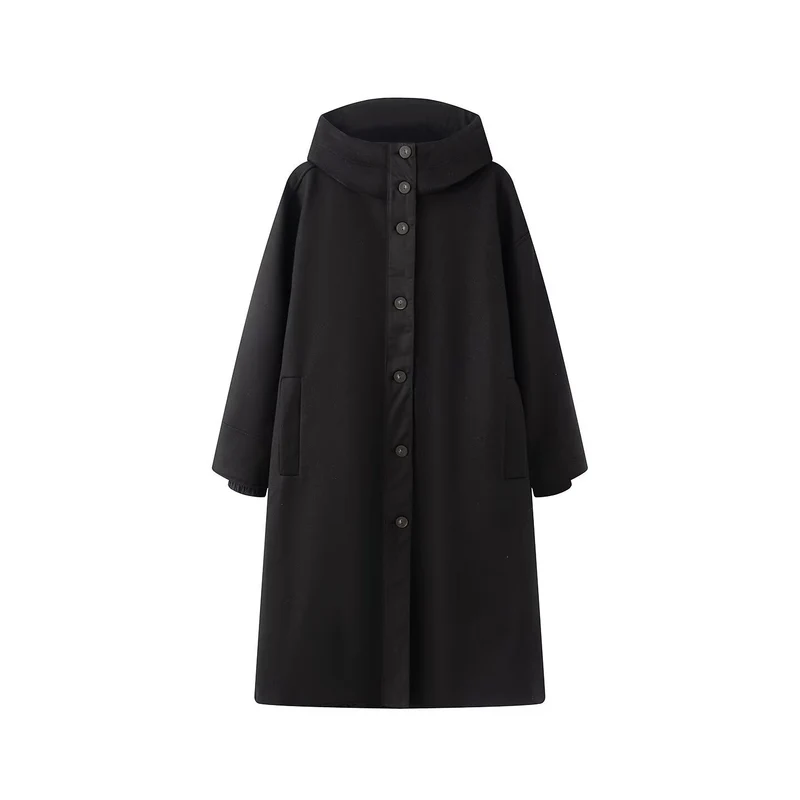 Damen Oversize Wollähnlicher Mantel mit Kapuze und Knopfleiste Nord Taschen