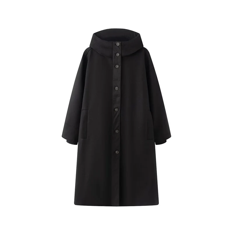 Damen Oversize Wollähnlicher Mantel mit Kapuze und Knopfleiste Nord Taschen