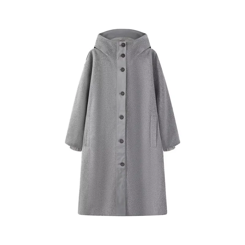 Damen Oversize Wollähnlicher Mantel mit Kapuze und Knopfleiste Nord Taschen