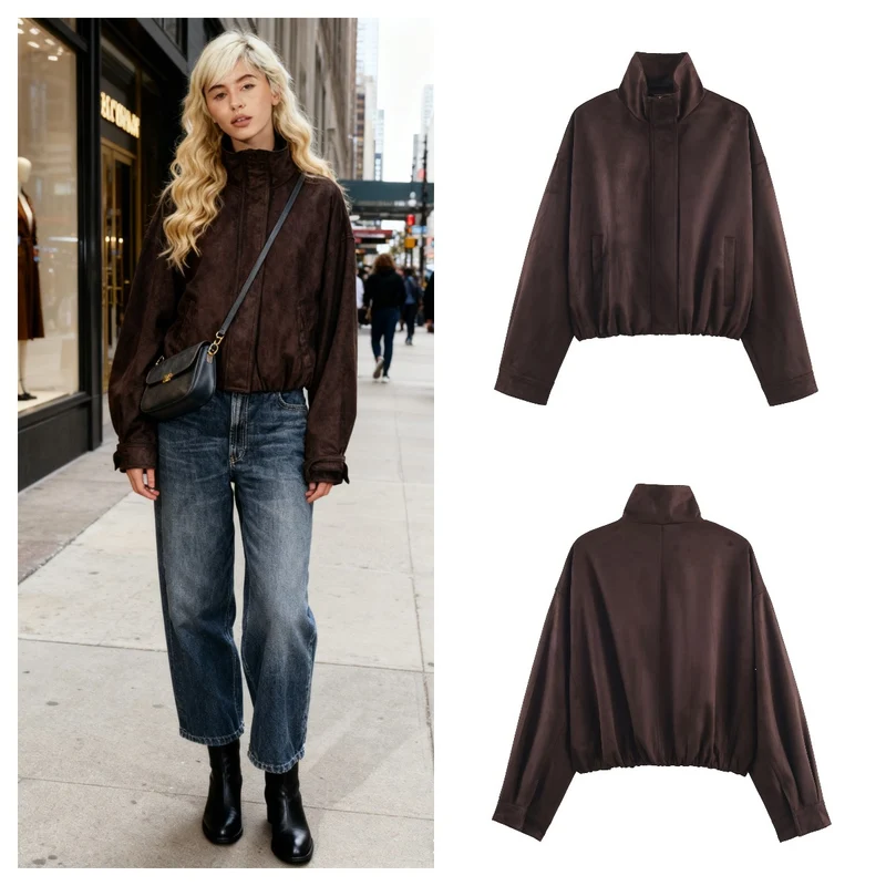 Damen Oversize Veloursjacke mit hohem Stehkragen und elastischem Saum Nord Taschen