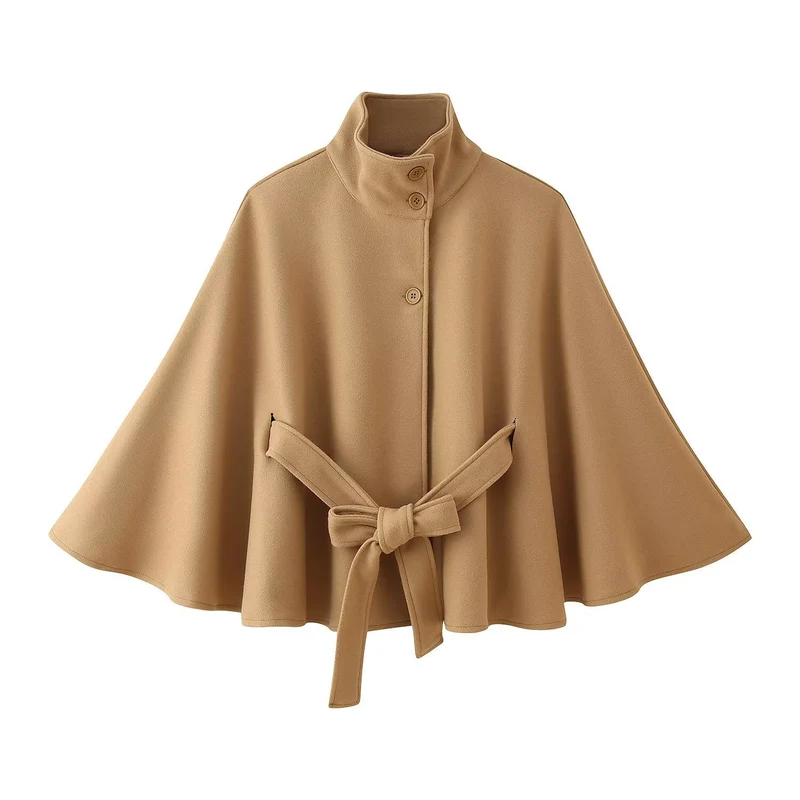 Damen 2900+ eleganter kurzer Cape‑Umhang mit Stehkragen, Knopfleiste und Taillenband Nord Taschen