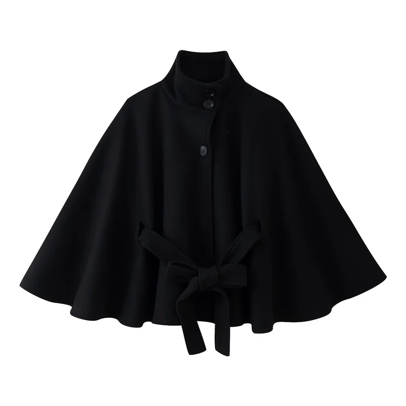 Damen 2900+ eleganter kurzer Cape‑Umhang mit Stehkragen, Knopfleiste und Taillenband Nord Taschen