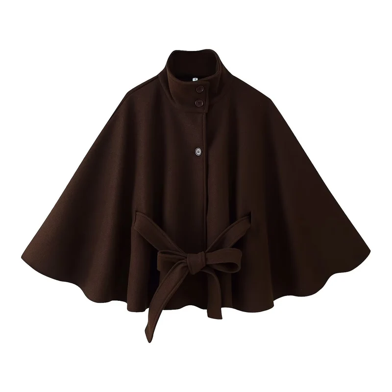 Damen 2900+ eleganter kurzer Cape‑Umhang mit Stehkragen, Knopfleiste und Taillenband Nord Taschen