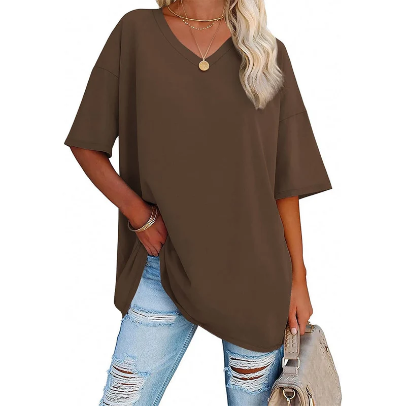 Damen Oversized T-Shirt mit V-Ausschnitt und seitlichen Schlitzen