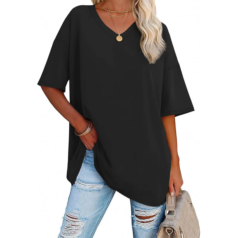 Damen Oversized T-Shirt mit V-Ausschnitt und seitlichen Schlitzen