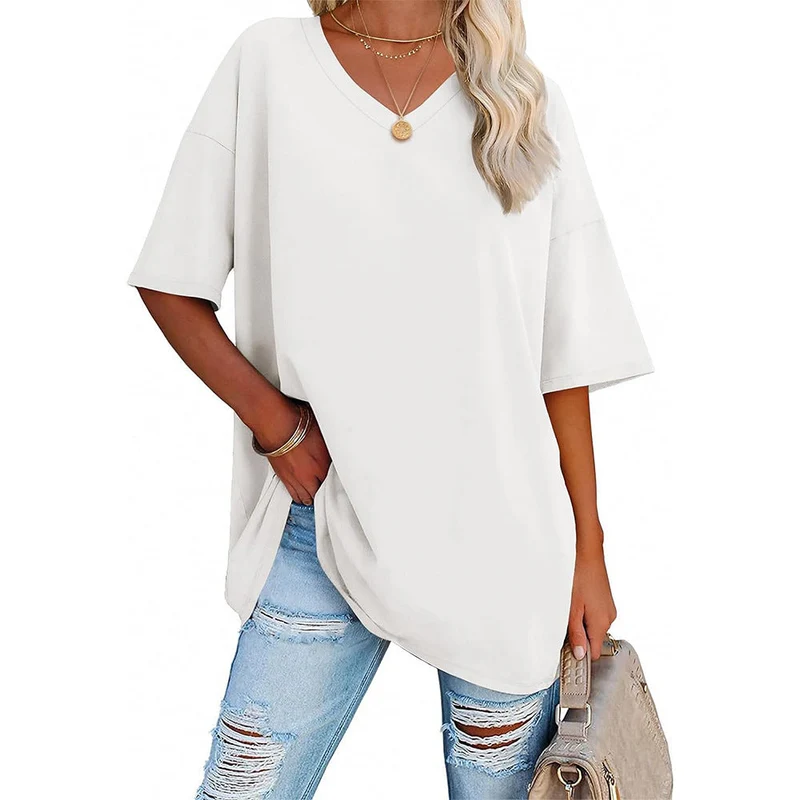 Damen Oversized T-Shirt mit V-Ausschnitt und seitlichen Schlitzen